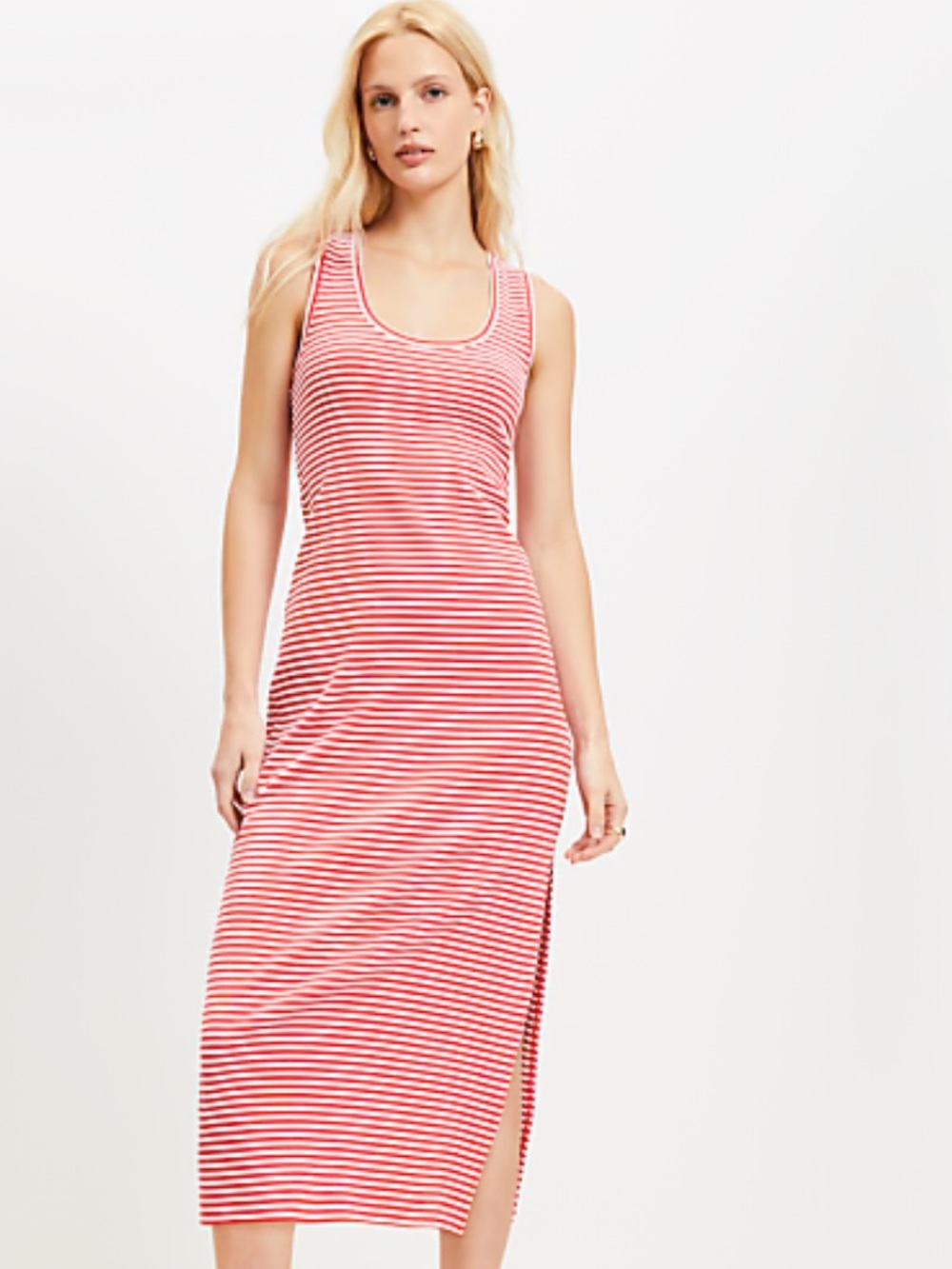 LOFT Red and White Striped Ribbed Midi Tank Dress Size XXS